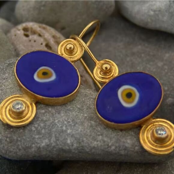 New ANTHRO Blue and Gold Abstract Evil Eye ProctectionDangle Earrings - Picture 4 of 7